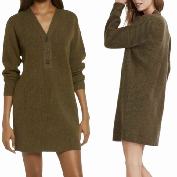 Madewell Henley Sweater Dress Womens Small Olive Green Merino Wool Blend Knitted - Picture 3 of 13